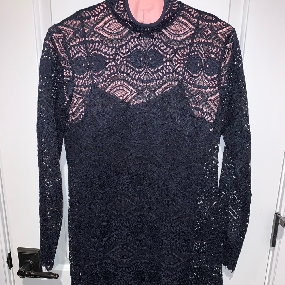 Navy Blue Long Sleeve Lace Cocktail Dress